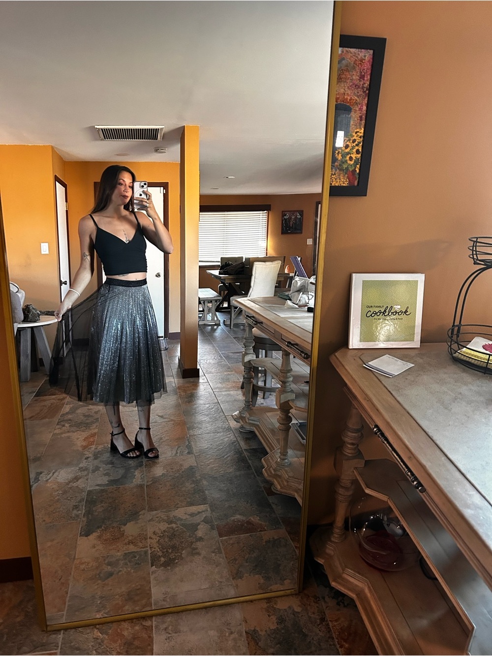 Sinsay Silver Glitter Pleated Tulle Midi Skirt XXS